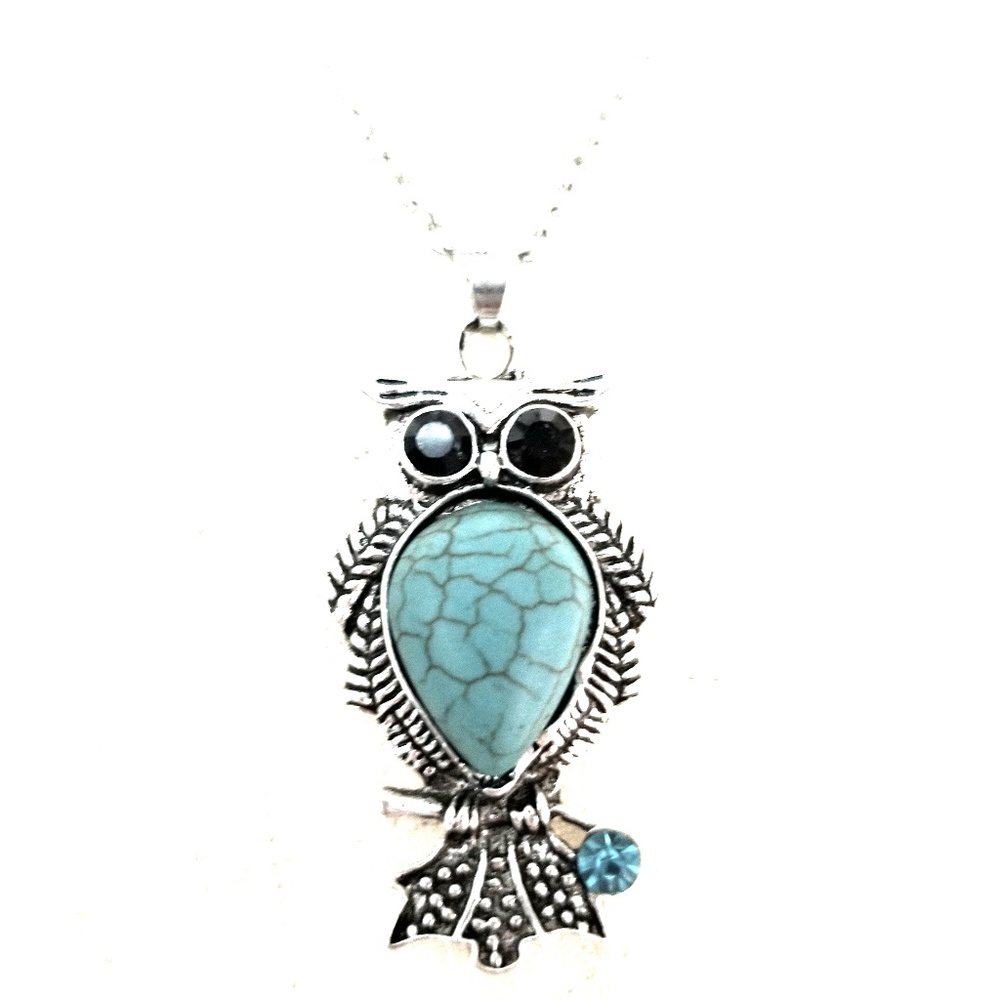 TURQUOISE OWL SILVER FASHION NECKLACE NEW - Picture 1 of 4